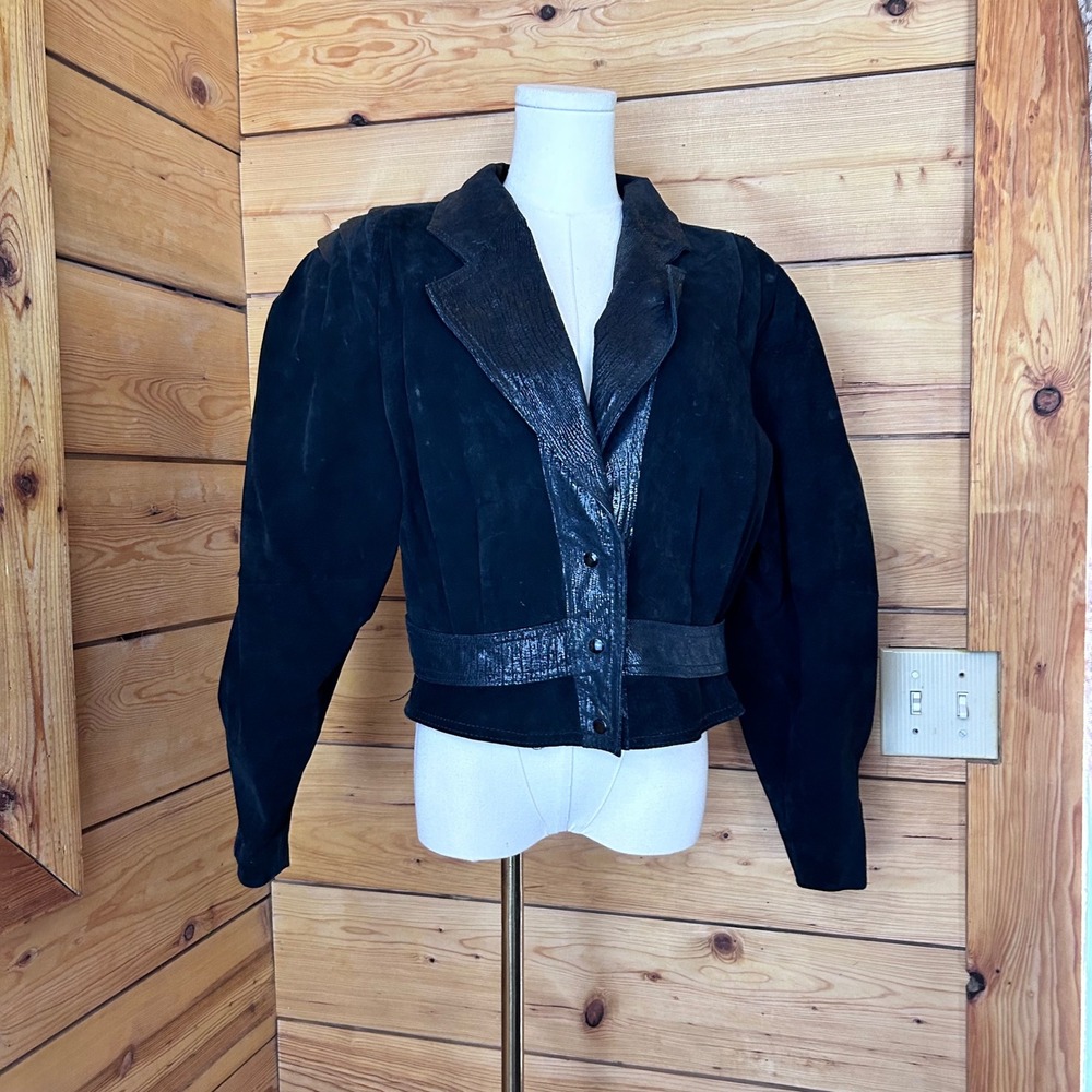 Vintage Leather Jacket Womens Medium Black Suede Snakeskin Trim 80s Cropped GIII